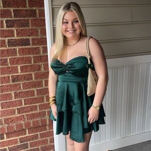 green strapless mini dress